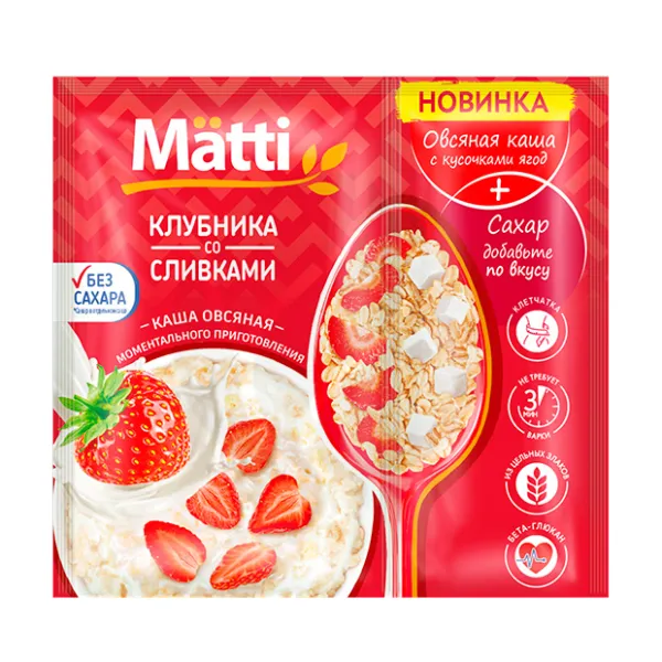 Изображение товара Каша овсяная моментального приготовления клубника со сливками 40г Изображение товара Каша овсяная моментального приготовления клубника со сливками 40г