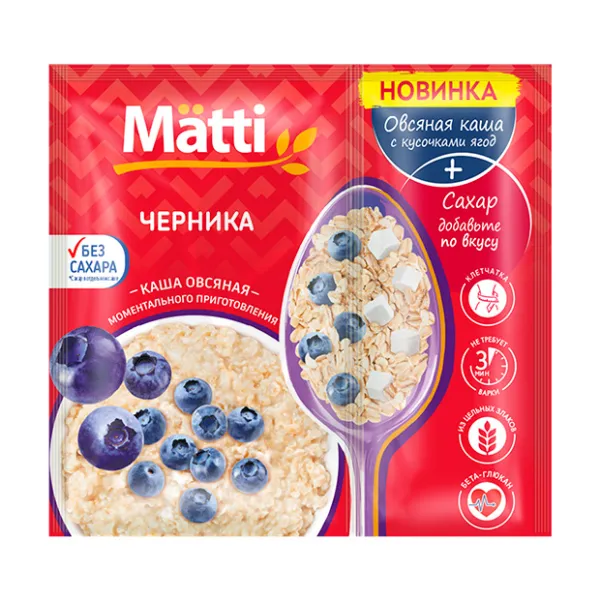 Изображение товара Каша овсяная моментального приготовления с черникой Matti 40 г