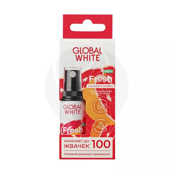 Изображение товара Освежающий спрей для полости рта с красным грейпфрутом 15мл Global white Fresh Изображение товара Освежающий спрей для полости рта с красным грейпфрутом 15мл Global white Fresh