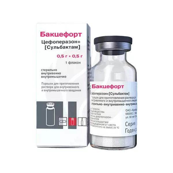Изображение товара Бакцефорт порошок д/пригот. р-ра д/в/в и в/м введ. 0,5г+0,5г, №1 Красфарма Изображение товара Бакцефорт порошок д/пригот. р-ра д/в/в и в/м введ. 0,5г+0,5г, №1 Красфарма