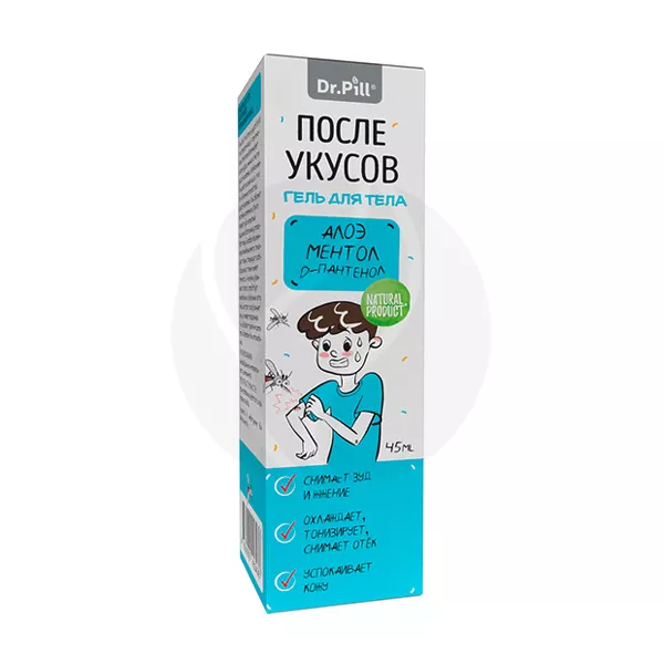 Изображение товара Гель после укусов Dr. Pill с ментолом и алоэ 45мл - быстрое облегчение и заживление Изображение товара Гель после укусов Dr. Pill с ментолом и алоэ 45мл - быстрое облегчение и заживление