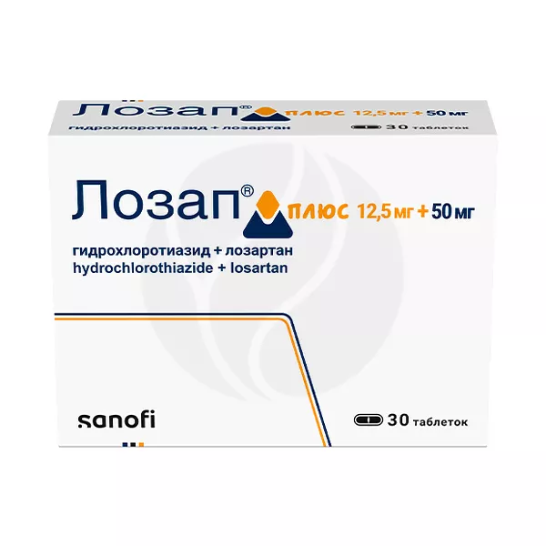 Изображение товара Лозап Плюс таблетки покрыт. п/о 12,5мг+50мг, №30 Санофи Изображение товара Лозап Плюс таблетки покрыт. п/о 12,5мг+50мг, №30 Санофи