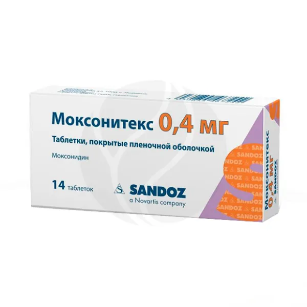 Изображение товара Моксонитекс таблетки покрыт. п/о 0,4мг, №14, срок до 01.09.2026 Изображение товара Моксонитекс таблетки покрыт. п/о 0,4мг, №14, срок до 01.09.2026