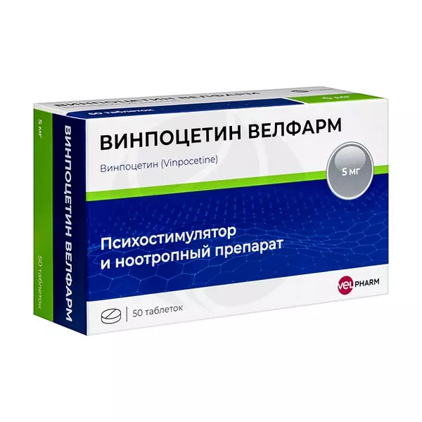 Изображение товара Винпоцетин Велфарм таблетки 5 мг, 50 шт для улучшения кровообращения мозга Изображение товара Винпоцетин Велфарм таблетки 5 мг, 50 шт для улучшения кровообращения мозга