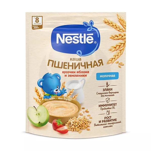 Изображение товара Nestle Молочная пшеничная каша с кусочками яблока и земляники садовой (8+мес), 200г Изображение товара Nestle Молочная пшеничная каша с кусочками яблока и земляники садовой (8+мес), 200г