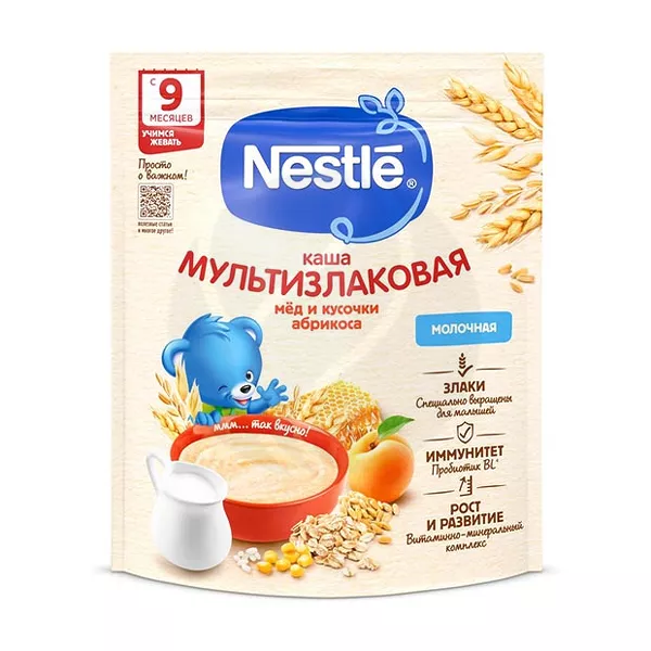 Изображение товара Nestle Молочная мультизлаковая каша с мёдом и кусочками абрикоса (9+мес), 200г Изображение товара Nestle Молочная мультизлаковая каша с мёдом и кусочками абрикоса (9+мес), 200г
