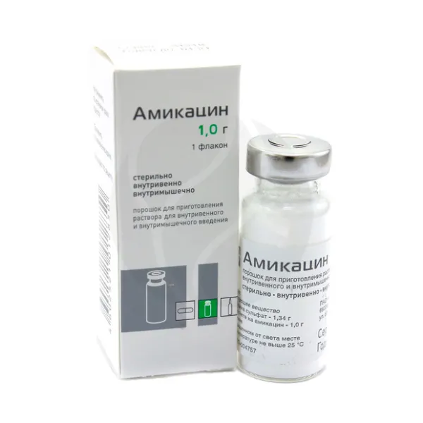 Изображение товара Лекарственный порошок Амикацин Красфарма 1,0 г для внутривенного и внутримышечного введения Изображение товара Лекарственный порошок Амикацин Красфарма 1,0 г для внутривенного и внутримышечного введения