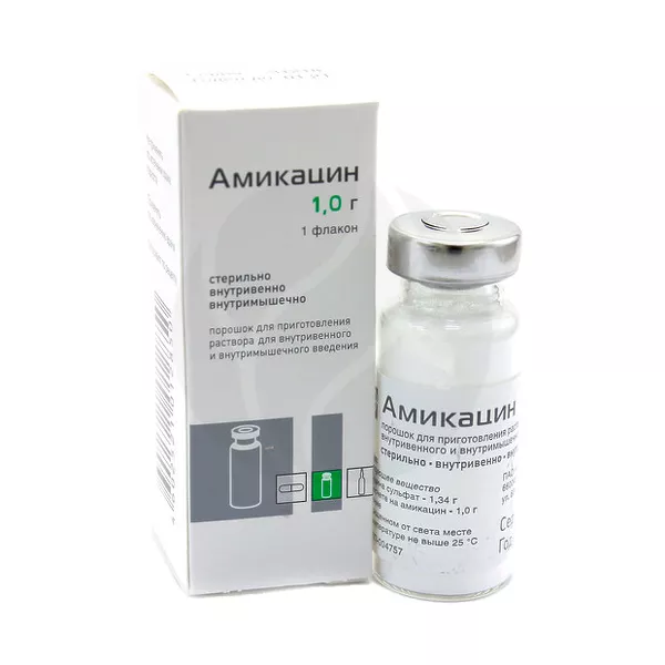 Изображение товара Лекарственный порошок Амикацин Красфарма 1,0 г для внутривенного и внутримышечного введения Изображение товара Лекарственный порошок Амикацин Красфарма 1,0 г для внутривенного и внутримышечного введения