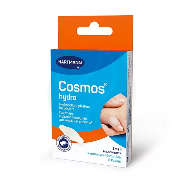 Изображение товара Гидроколлоидные пластыри Hartmann Cosmos Hydro 6 шт для влажных мозолей Германия Изображение товара Гидроколлоидные пластыри Hartmann Cosmos Hydro 6 шт для влажных мозолей Германия