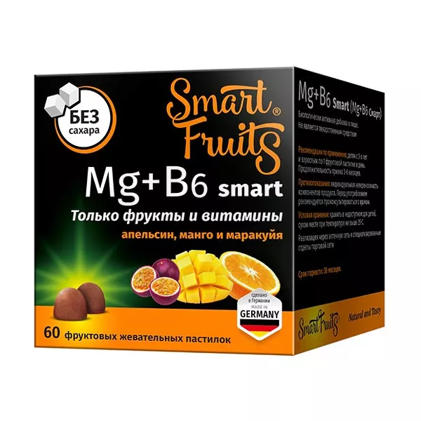 Изображение товара Smart Fruits Магний+В6 жевательные пастилки 60 шт биодобавка магний витамин В6 Изображение товара Smart Fruits Магний+В6 жевательные пастилки 60 шт биодобавка магний витамин В6