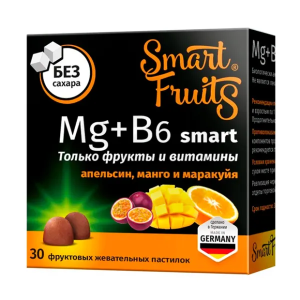 Изображение товара Smart Fruits Магний+В6 пастилки жевательные 30 штук для детей и взрослых