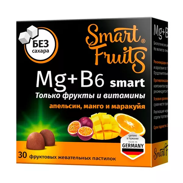 Изображение товара Smart Fruits Магний+В6 smart пастилки жевательные, №30 Изображение товара Smart Fruits Магний+В6 smart пастилки жевательные, №30