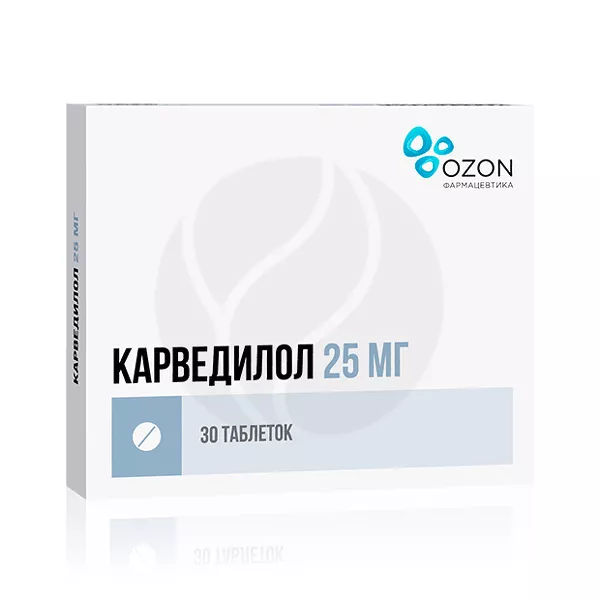 Изображение товара Карведилол 25 мг таблетки №30 для лечения гипертензии и сердечно-сосудистых заболеваний Изображение товара Карведилол 25 мг таблетки №30 для лечения гипертензии и сердечно-сосудистых заболеваний