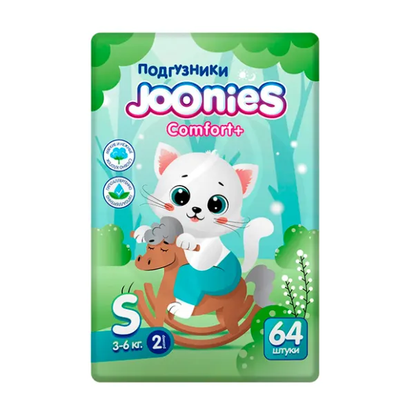 Изображение товара Подгузники Joonies Comfort+ размер S 3-6 кг, 64 шт, мягкие и надежные