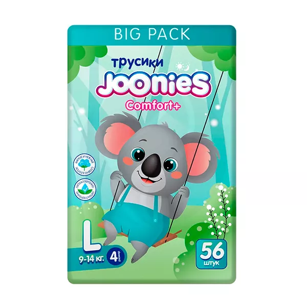 Изображение товара Подгузники-трусики Joonies Comfort+ размер L 56 шт водонепроницаемые гипоаллергенные Изображение товара Подгузники-трусики Joonies Comfort+ размер L 56 шт водонепроницаемые гипоаллергенные