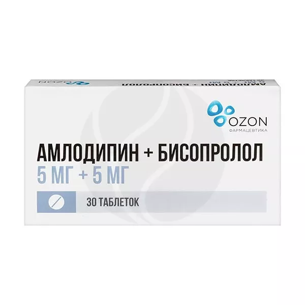 Изображение товара Амлодипин+Бисопролол таблетки 5мг+5мг, №30 Изображение товара Амлодипин+Бисопролол таблетки 5мг+5мг, №30
