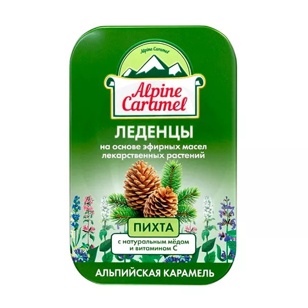 Изображение товара Леденцы Alpine Caramel с медом и витамином C, вкус Пихта, 53г Изображение товара Леденцы Alpine Caramel с медом и витамином C, вкус Пихта, 53г