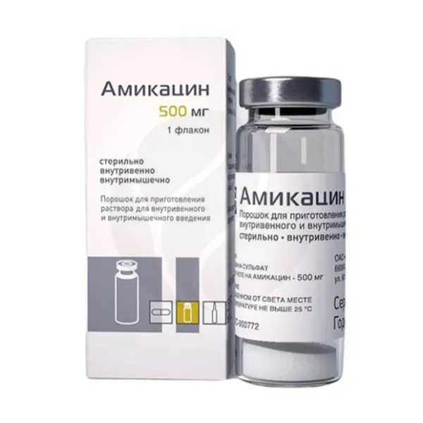 Изображение товара Амикацин порошок для инъекций 500 мг, препарат для борьбы с бактериальными инфекциями