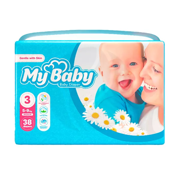 Изображение товара Подгузники MyBaby Medium размер 3 5-9 кг 38 шт серия Economy Изображение товара Подгузники MyBaby Medium размер 3 5-9 кг 38 шт серия Economy