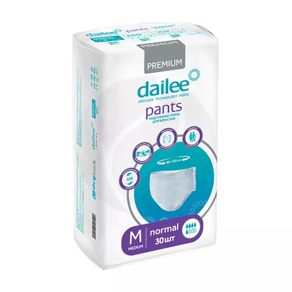 Изображение товара Dailee Premium normal подгузники-трусы для взрослых р.М (80-120 см), 30шт Изображение товара Dailee Premium normal подгузники-трусы для взрослых р.М (80-120 см), 30шт