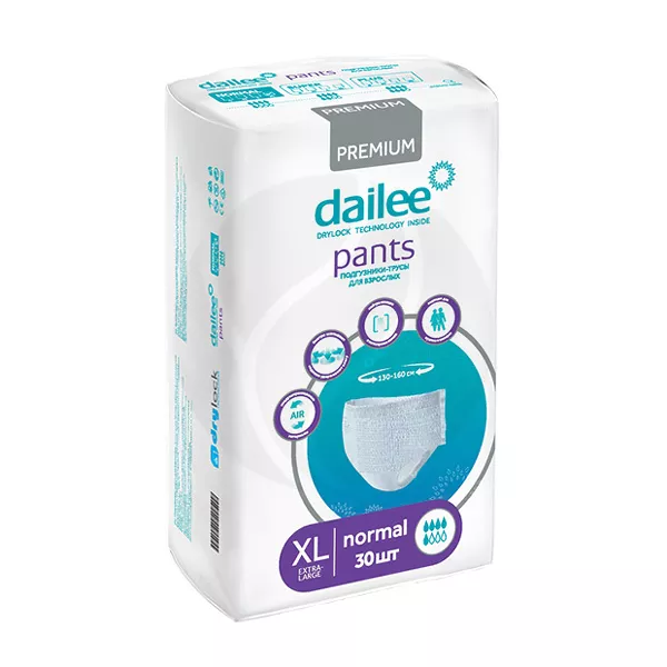 Изображение товара Dailee Premium normal подгузники-трусы для взрослых р.XL (130-160см), 30шт Изображение товара Dailee Premium normal подгузники-трусы для взрослых р.XL (130-160см), 30шт