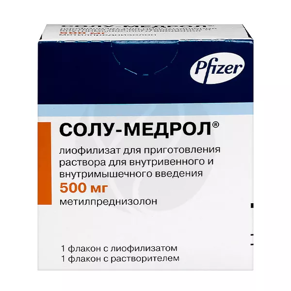 Изображение товара Солу-Медрол 500мг для инъекций лиофилизат для внутривенного и внутримышечного введения Изображение товара Солу-Медрол 500мг для инъекций лиофилизат для внутривенного и внутримышечного введения