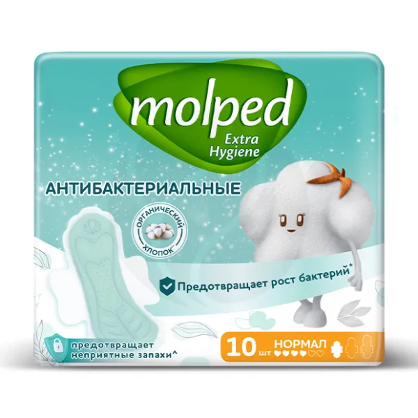 Изображение товара Molped Extra hygiene прокладки антибактериальные нормал, 10шт Изображение товара Molped Extra hygiene прокладки антибактериальные нормал, 10шт