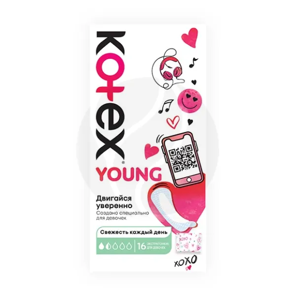 Изображение товара Прокладки ежедневные Kotex Young для девочек (60 мес) Экстра комфорт и защита Изображение товара Прокладки ежедневные Kotex Young для девочек (60 мес) Экстра комфорт и защита