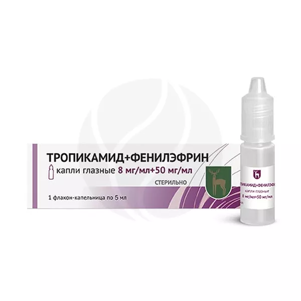 Изображение товара Глазные капли Тропикамид + Фенилэфрин для расширения зрачка, 8мг/мл + 50мг/мл, 5мл Изображение товара Глазные капли Тропикамид + Фенилэфрин для расширения зрачка, 8мг/мл + 50мг/мл, 5мл