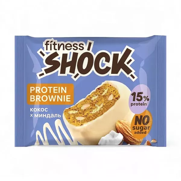 Изображение товара Fitness Shock брауни кокос и миндаль, без сахара, 50г Изображение товара Fitness Shock брауни кокос и миндаль, без сахара, 50г