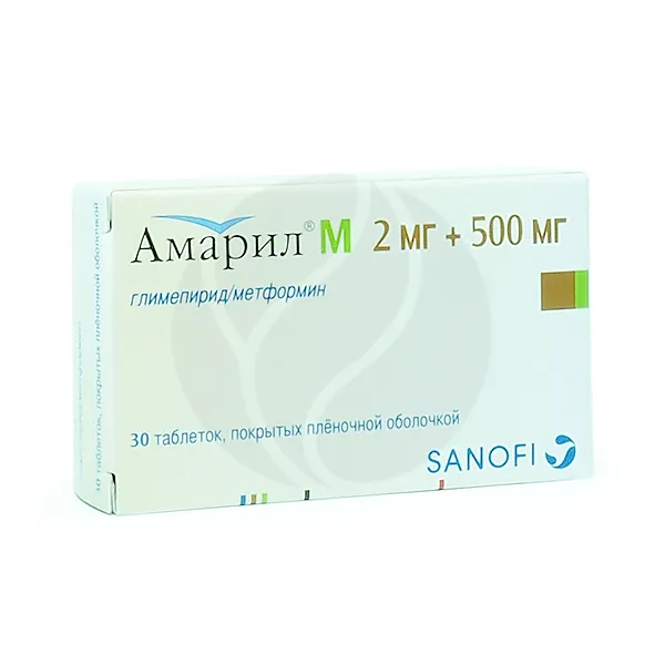 Изображение товара Амарил М таблетки покрыт. п/о 2мг+500мг, №30