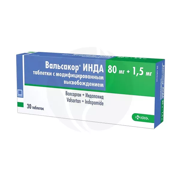 Изображение товара Вальсакор ИНДА таблетки с модиф. высвоб. 80мг+1,5мг, №30 Изображение товара Вальсакор ИНДА таблетки с модиф. высвоб. 80мг+1,5мг, №30
