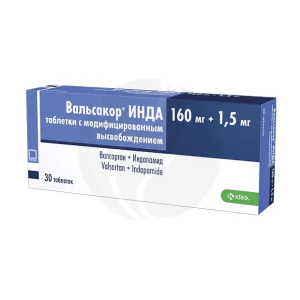 Изображение товара Вальсакор ИНДА таблетки с модиф. высвоб. 160мг+1,5мг, №30 Изображение товара Вальсакор ИНДА таблетки с модиф. высвоб. 160мг+1,5мг, №30