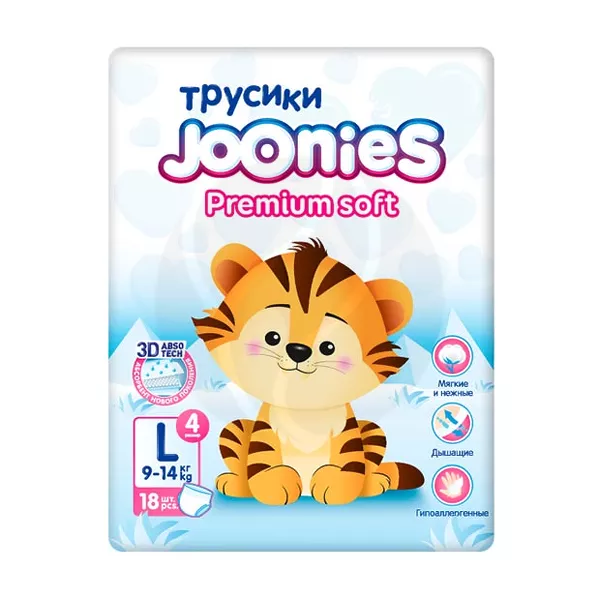 Изображение товара Joonies Premium Soft подгузники-трусики р.L (9-14кг), 18шт Изображение товара Joonies Premium Soft подгузники-трусики р.L (9-14кг), 18шт