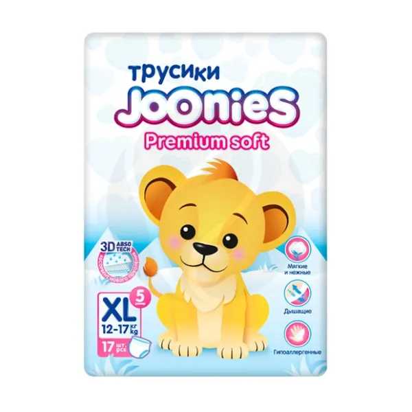 Изображение товара Подгузники-трусики Joonies Premium Soft р XL 12-17 кг 17 шт комфорт и надежность Изображение товара Подгузники-трусики Joonies Premium Soft р XL 12-17 кг 17 шт комфорт и надежность