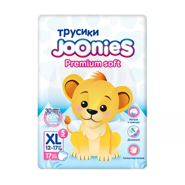 Изображение товара Подгузники-трусики Joonies Premium Soft р XL 12-17 кг 17 шт комфорт и надежность Изображение товара Подгузники-трусики Joonies Premium Soft р XL 12-17 кг 17 шт комфорт и надежность