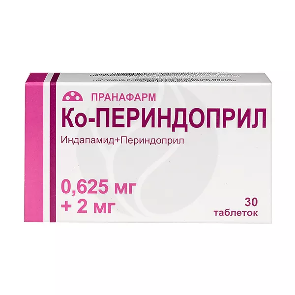 Изображение товара Ко-Периндоприл таблетки покрыт. п/о 0,625мг+2мг, №30 Изображение товара Ко-Периндоприл таблетки покрыт. п/о 0,625мг+2мг, №30