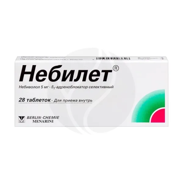 Изображение товара Небилет 5 мг таблетки для лечения гипертензии и сердечной недостаточности, 28 шт Изображение товара Небилет 5 мг таблетки для лечения гипертензии и сердечной недостаточности, 28 шт