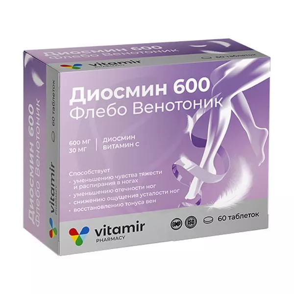 Изображение товара Vitamir Диосмин 600 Флебо Венотоник таблетки п/о, №60 Изображение товара Vitamir Диосмин 600 Флебо Венотоник таблетки п/о, №60