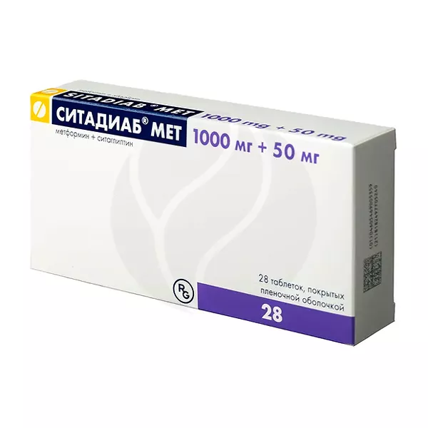 Изображение товара Ситадиаб Мет таблетки покрыт. п/о 1000мг+50мг, №28 Изображение товара Ситадиаб Мет таблетки покрыт. п/о 1000мг+50мг, №28