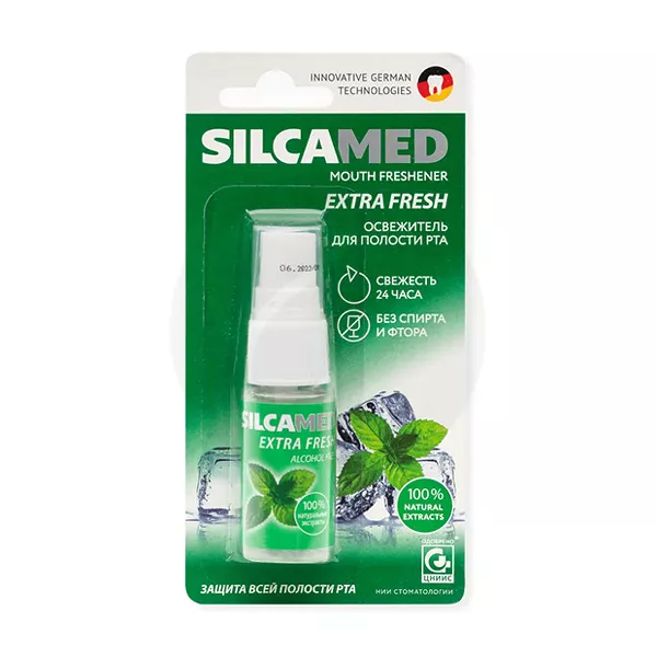 Изображение товара Освежитель для полости рта SilcaMed Extra fresh 15мл - свежесть и защита Изображение товара Освежитель для полости рта SilcaMed Extra fresh 15мл - свежесть и защита