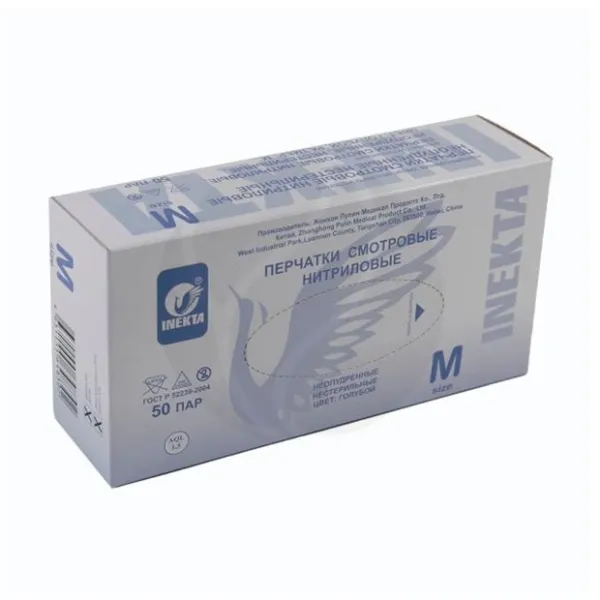 Изображение товара Inekta перчатки смотровые нитриловые неопудренные р.М голубые 50пар