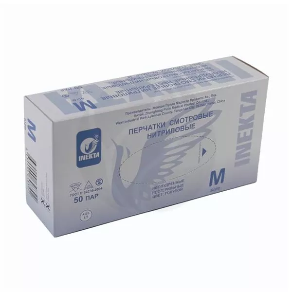 Изображение товара Inekta перчатки смотровые нитриловые неопудренные нестерильные, р.М, цвет голубой, 50пар