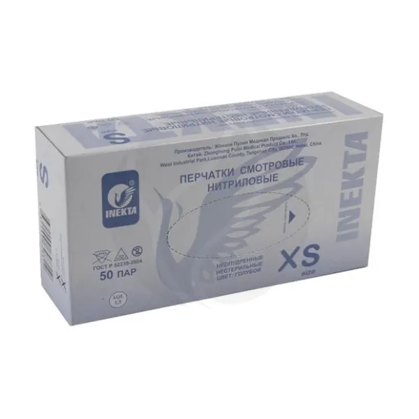 Изображение товара Inekta перчатки смотровые нитриловые неопудренные нестерильные, р.XS, цвет голубой, 50пар Изображение товара Inekta перчатки смотровые нитриловые неопудренные нестерильные, р.XS, цвет голубой, 50пар