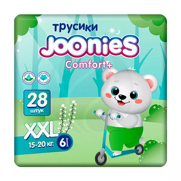 Изображение товара Joonies Комфорт+ подгузники-трусики ХXL 15-20кг, No28 - комфорт и защита для малыша Изображение товара Joonies Комфорт+ подгузники-трусики ХXL 15-20кг, No28 - комфорт и защита для малыша