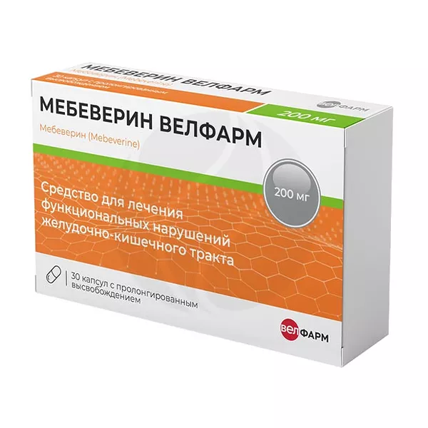 Изображение товара Мебеверин-Велфарм капсулы с пролонг. высвоб. 200мг, №30 Изображение товара Мебеверин-Велфарм капсулы с пролонг. высвоб. 200мг, №30