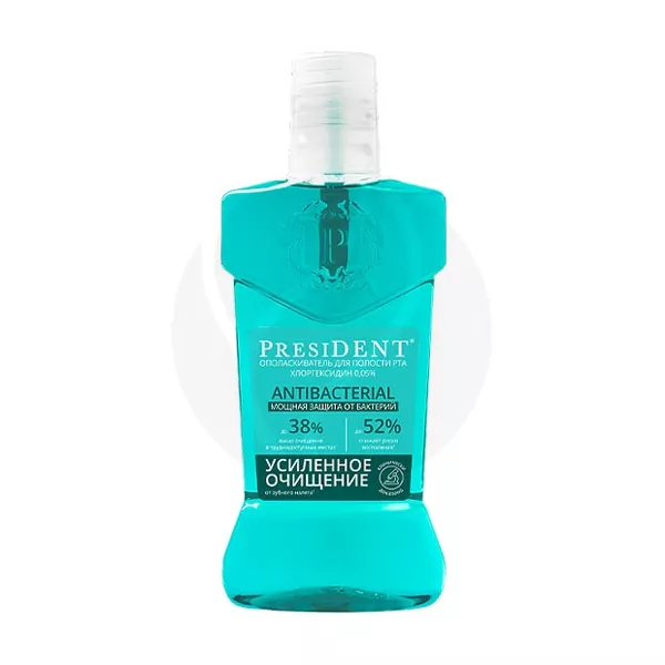 Изображение товара Ополаскиватель для рта PRESIDENT Antibacterial 400 мл укрепляет десны и освежает дыхание Изображение товара Ополаскиватель для рта PRESIDENT Antibacterial 400 мл укрепляет десны и освежает дыхание