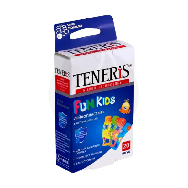 Изображение товара Бактерицидный детский лейкопластырь Teneris Fun Kids, 20 штук, водонепроницаемый, гипоаллергенный