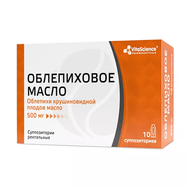 Изображение товара Облепиховое масло суппозитории ректальные VitaScience 500 мг, для заживления Изображение товара Облепиховое масло суппозитории ректальные VitaScience 500 мг, для заживления