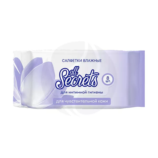 Изображение товара All secrets Влажные салфетки для интимной гигиены для чувствительной кожи, 8шт
